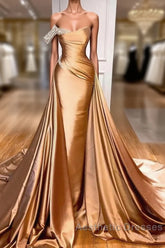 Gold Satin One Shoulder Overskirt  Evening Prom Dresses
